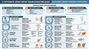 Spray dryer troubleshooting framework — wall sticking, low recovery, wet powder, particle size drift, and powder caking in lab and pilot spray dryers