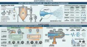 Scientific diagram showing spray dryer atomization mechanisms including rotary atomizer, pressure nozzle, and two-fluid nozzle droplet size distribution by SINOTHERMO.