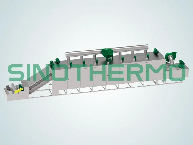 Image of a SINOTHERMO Industrial Belt Dryer, an industrial machine designed for continuous drying of materials.